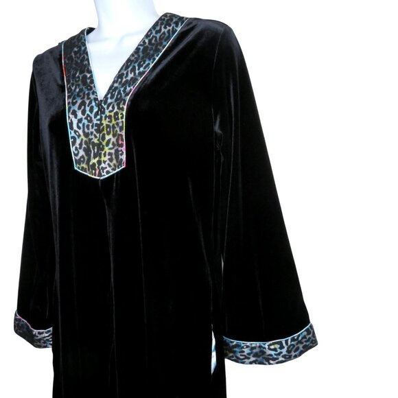 Vintage Oscar De La Renta Pink Label Black Velvet Tunic Top Leopard Print Trim S - Picture 2 of 11